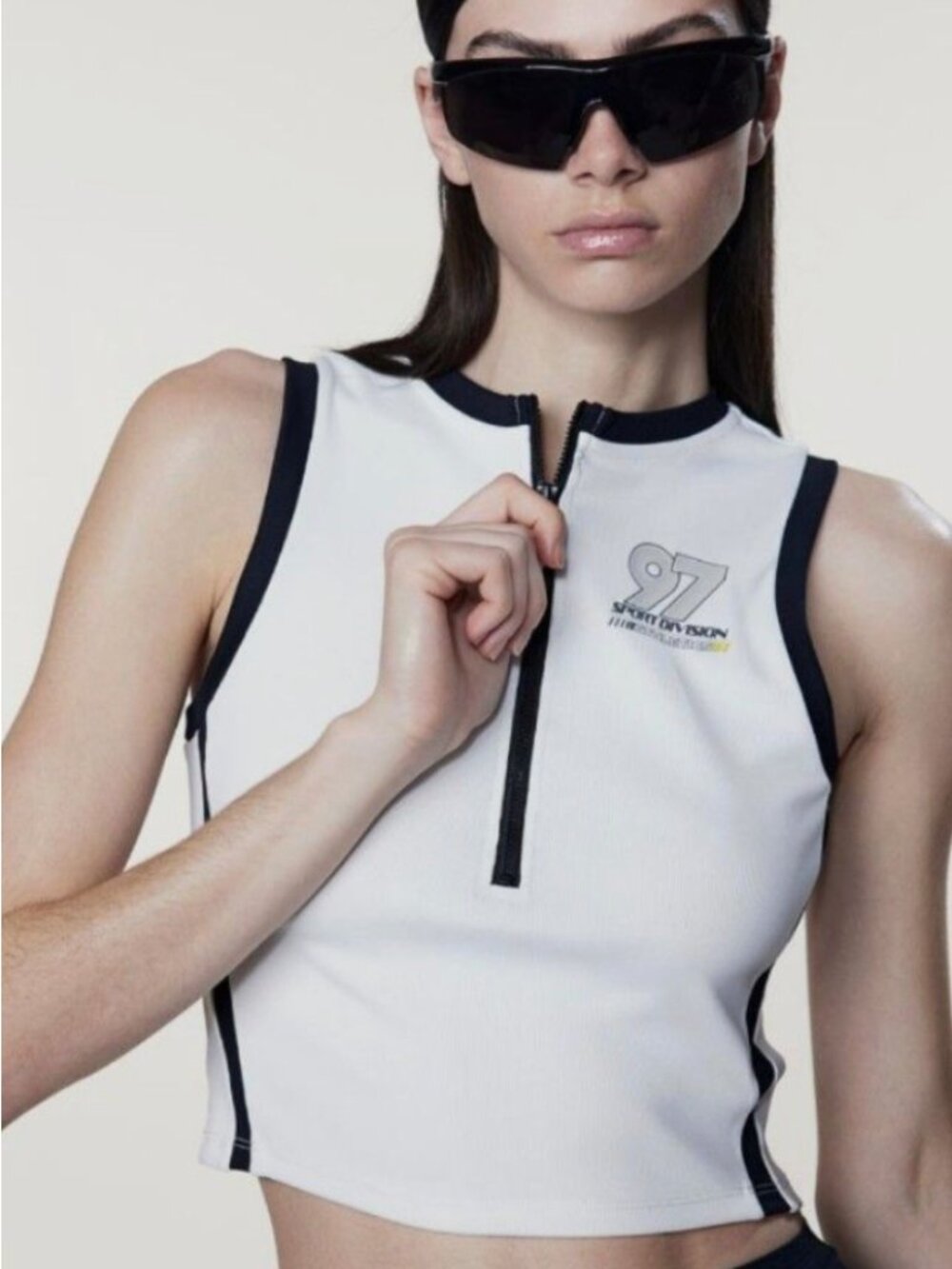 H&M Divided White Tank Top with Black Trim and Front Zip Small